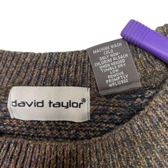 David Taylor Mens XXL Brown Pullover Sweater Knitted Checkerboard Crew Neck 90s - Picture 4 of 16